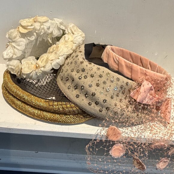 Lot 4 Vintage 1960s Ring Hats Gold Pink Polka Dots Orchid Headpiece Fascinator main image 10